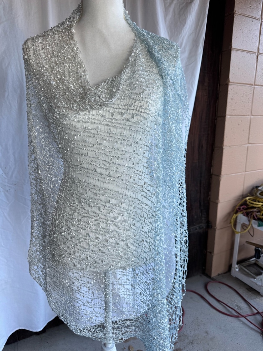 Light Silver Sheer Beaded Overlay Dress